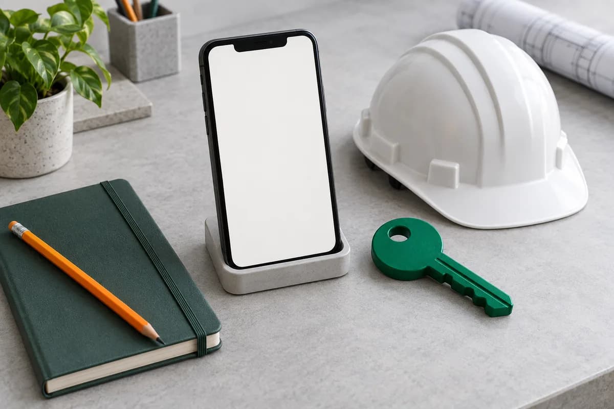 Illustration of a phone and a key beside a notebook and hard hat, representing account access