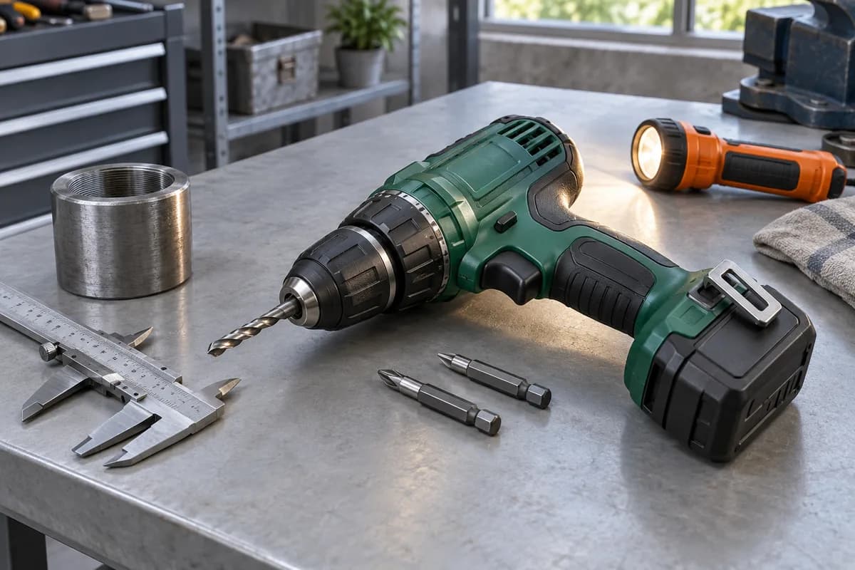Illustration of a drill, a caliper and a flashlight arranged for equipment inspection