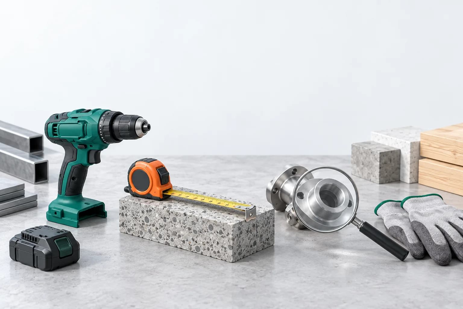 Illustration of tools and material samples arranged for inspection and measurement