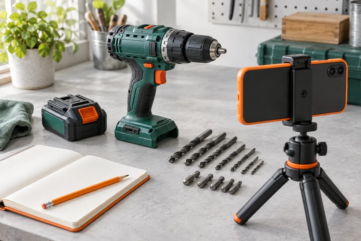 Illustration of a phone positioned to photograph a drill and its accessories for an ad