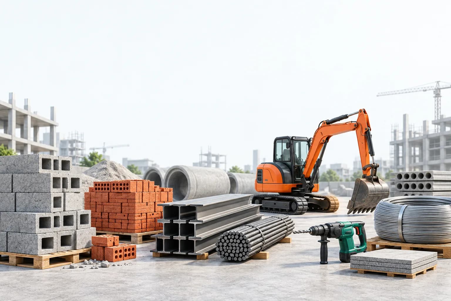 Illustration of building materials, steel, a drill and an excavator