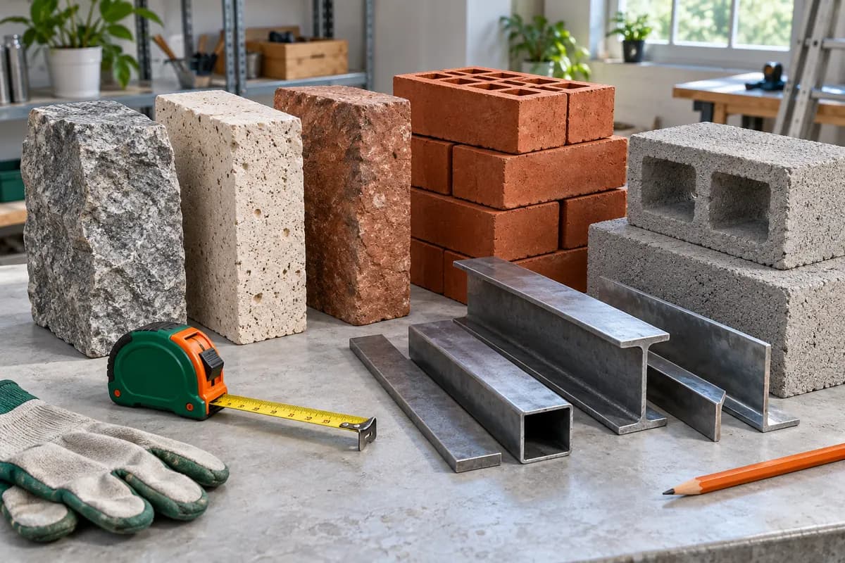 Illustration of masonry and steel samples arranged for comparison