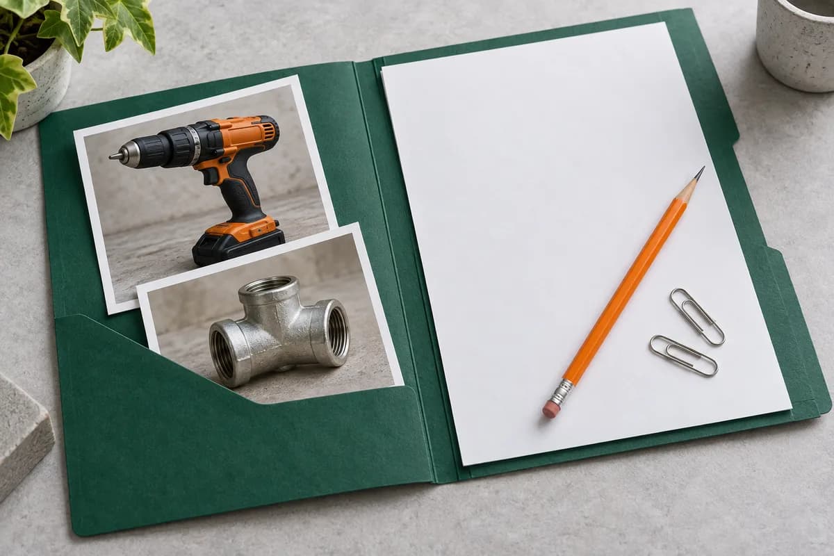 Illustration of a folder containing tool photos and papers for a marketplace report